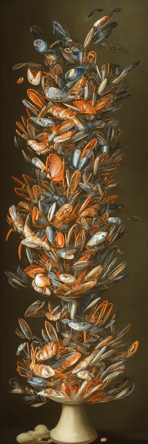 Prompt: A vase of seafood under the sea by Balthasar van der Ast, hyper detailed oil painting