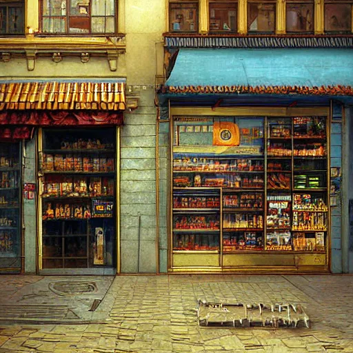 Prompt: A fantasycore photograph of a convenience store with photograph of 2099 portugal lisbon on the street of a very highly detailed eldritch city digital rational painting art by Greg Rutkowski, sci-fi highly detailed by alphonse mucha, a 12x(very) much detailed Dimensional cyan gold natural light, sharp focus, a 12x(very) much detailed by Eta Cru and James Gurney and Donato Giancola, composition by alphonse mucha