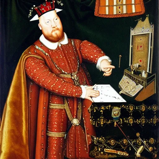 Image similar to king henry viii building a computer pc from scratch with a screwdriver and electronics, funny anachronism, wearing a crown and royal robes, 17th century detailed oil painting