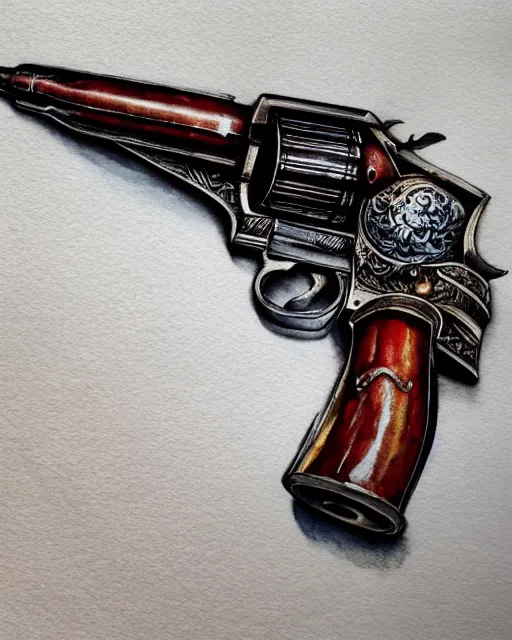 Image similar to realistic detailed revolver, watercolor, western, high production value, intricate details, high resolution, hyperrealistic, hdr, high definition, masterpiece, ultra realistic, highly detailed, hd, sharp focus, cinematic lighting, shaded, non blurry, sharp, smooth