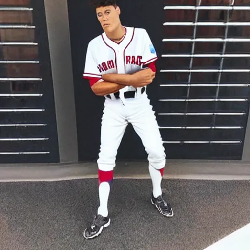 Image similar to “a realistic detailed photo of a guy who is an attractive humanoid who is half robot and half humanoid, who is a male android, baseball player Aaron Judge, shiny skin, posing like a statue, blank stare”