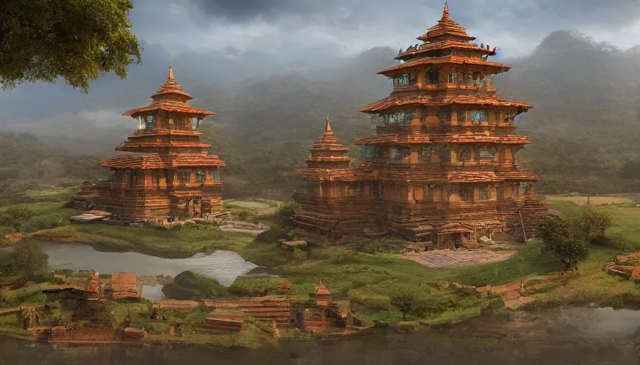 Image similar to matte painting of a beautiful mon - dvaravati village buddhist temple wheel of law, digital art, trending on artstation