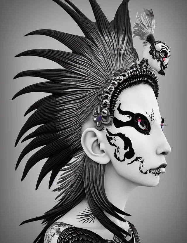 Image similar to 3 d photo realistic goddess close - up profile portrait punk with mohawk with ram skull. beautiful intricately detailed japanese crow kitsune mask and clasical japanese kimono. betta fish, jellyfish phoenix, bio luminescent, plasma, ice, water, wind, creature, artwork by tooth wu and wlop and beeple and greg rutkowski