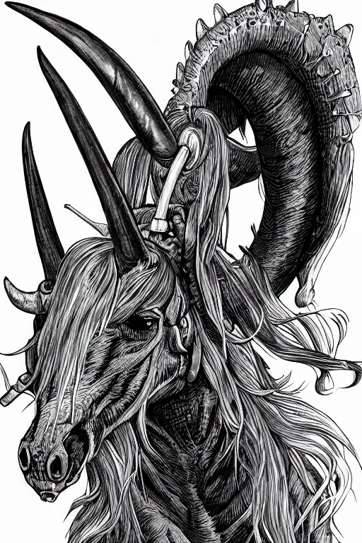 Image similar to demon horse with a narwhal horn, symmetrical, highly detailed, digital art, sharp focus, trending on art station, kentaro miura manga art style