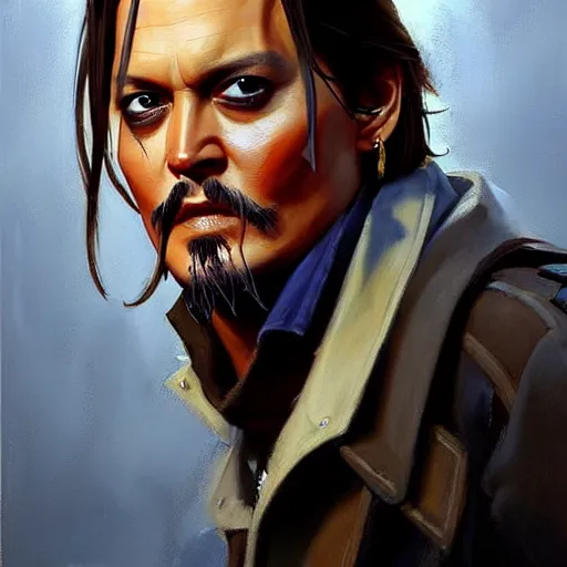 Prompt: greg manchess portrait painting of johny depp as overwatch character, medium shot, asymmetrical, profile picture, organic painting, rainy day, matte painting, bold shapes, hard edges, street art, trending on artstation, by huang guangjian and gil elvgren and sachin teng