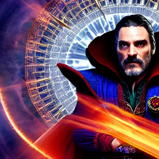 Image similar to A still of Joaquin Phoenix as Dr. Strange. Extremely detailed. Beautiful. 4K. Award winning.