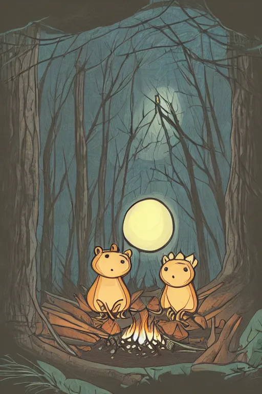 Image similar to an illustration of two evil beavers sitting next to a campfire in a dark forest at night, epid, digital drawing, vector art, beautiful, highly detailed