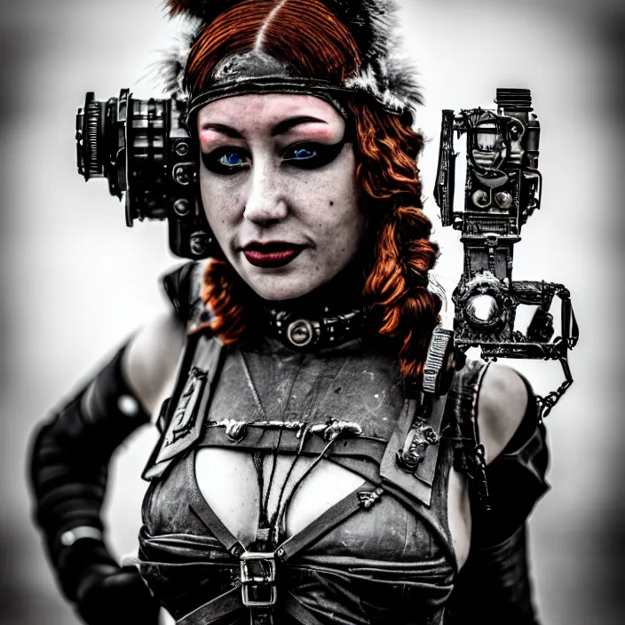 Image similar to photograph of a real - life very beautiful atompunk warrior. extremely detailed. dslr. 8 5 mm.