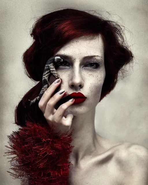 Image similar to portrait of a woman, detailed close - up, skin scars, high sharpness, zeiss lens, retro photoshoot, smoke black, red hair, snakes, red lipstick, palaroid effect, edward buba, annie leibovitz, paolo roversi, david lazar, jimmy nelsson, eiko hosoe, artistic, hyperrealistic, beautiful face, octane rendering