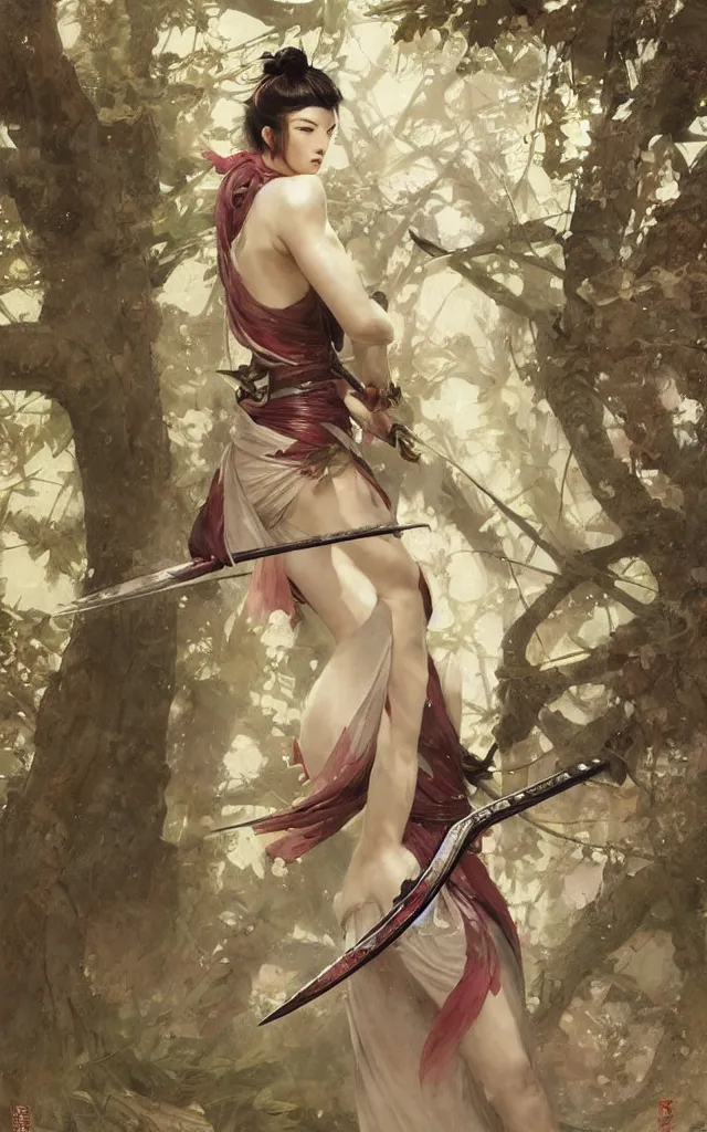 Image similar to modern elegant female ninja samurai, with large sword, feminine, powerful, beautiful, upper body, muscular arms and abdominals, wide leg hakama trousers, highly detailed, sakura tree petals, by gaston bussiere, mucha, gerome, craig mullins, greg rutkowski,