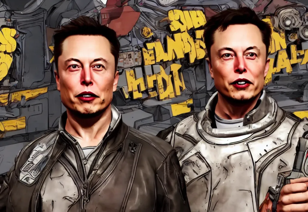 Image similar to elon musk in borderlands elon musk in the video game borderlands, gameplay screenshot, close up, 3 d rendering. unreal engine. amazing likeness. very detailed.