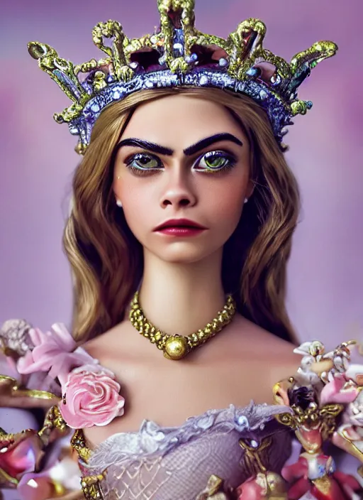 Image similar to closeup face profile portrait of a tin toy cara delevingne as a fairytale princess wearing a crown with tin bunnies, bikini, depth of field, zeiss lens, detailed, symmetrical, centered, fashion photoshoot, by nicoletta ceccoli, mark ryden, lostfish, breathtaking, 8 k resolution, extremely detailed, beautiful, establishing shot, artistic, hyperrealistic, octane render