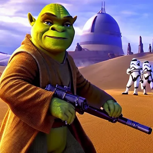 Prompt: frame from star wars movie of shrek as obi wan kenobi, hd, bluray