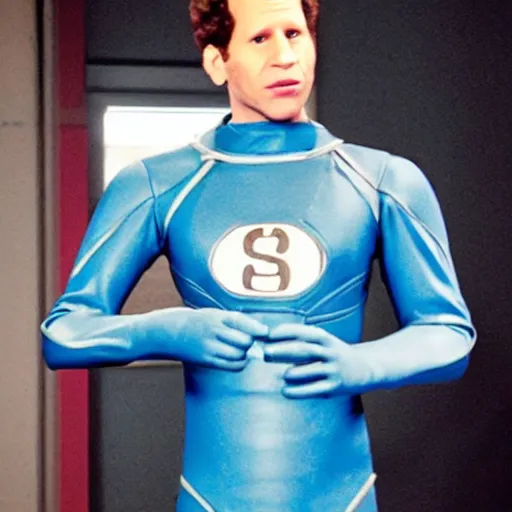 Image similar to glenn howerton as reed richards from the fantastic four, mr fantastic, blue suit, superhero, marvel