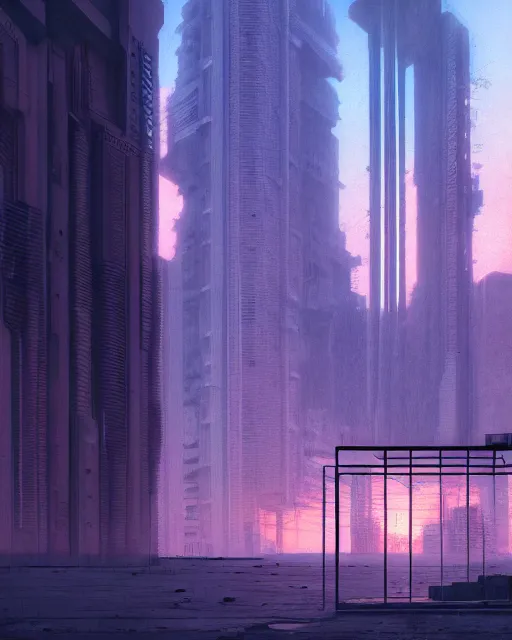 Image similar to a beautiful photorealistic illustration of architecture nature jail abandoned by odile decq, vaporwave postcyberpunk at dawn at dusk, archdaily, wallpaper, highly detailed, trending on artstation.
