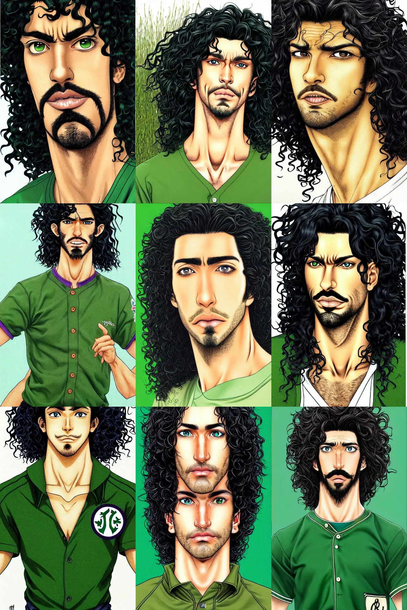 Prompt: handsome!! hyper realistic man with long black curly hair, tan skin, ( ( ( grassy ) ) ) colored iris ', green eyes!!!, anchor goatee | wearing unbuttoned, open, baseball jersey | art by hirohiko araki & jean giraud & artgerm