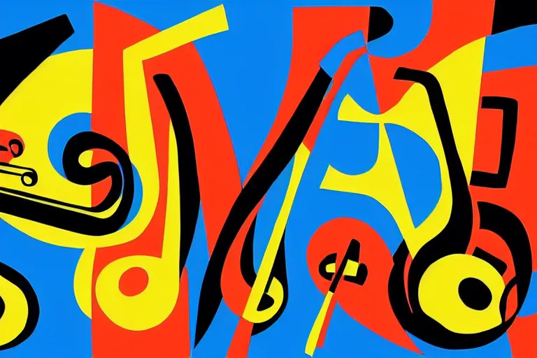 Image similar to Stylized abstract art of jazz musicians playing along with musical notes in the style of Stuart Davis