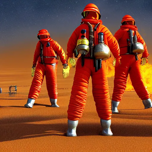 Image similar to fireman on arrakis, firemen in stillsuits, arrakis, dune, desert planet, fremen firemen, ultra detailed, 4 k, 8 k, stillsuits