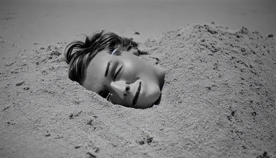 Image similar to 1 9 6 0 s movie still close up of regulus'face with the eyes sew wide open, his body buried in the sand, cinestill 8 0 0 t 3 5 mm b & w, high quality, heavy grain, high detail, texture, dramatic light, anamorphic, hyperrealistic, detailed hair