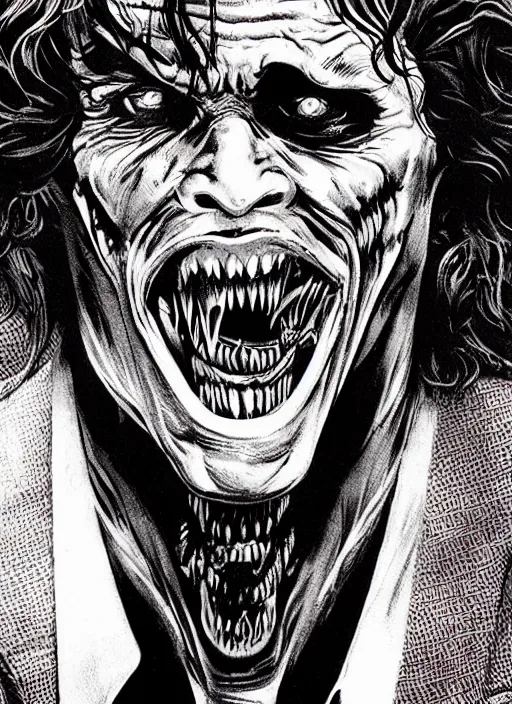 Prompt: willem dafoe as the joker, big smile, grotesque, horror, high details, intricate details, by vincent di fate, artgerm julie bell beeple, 1 9 8 0 s, inking, vintage 8 0 s print, screen print