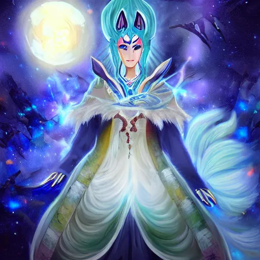 Image similar to a painted avatar portrait of an awesome cosmic powerful humanoid kitsune fox mage themed around life and death and the stars and the cosmos and dressed in elegant elven mage robes, in the style of dnd beyond avatar portraits, beautiful, artistic, elegant, lens flare, magical, lens flare, nature, realism, stylized, art by jeff easley