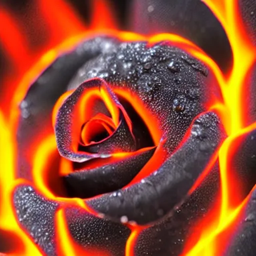 Image similar to award - winning macro of a beautiful black rose made of glowing molten magma