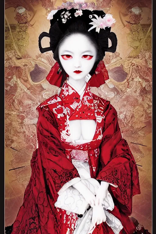 Prompt: avant - garde japanese bjd geisha vampire queen in victorian red dress in the style of dark - fantasy lolita fashion painted by yoshitaka amano, takato yamamoto, gustav klimt, dmt art, symmetrical vogue face portrait, volumetrics, intricate detail, artstation, cgsociety, artgerm, gold skulls, rococo