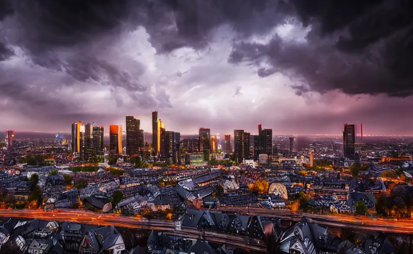 Image similar to a dramatic frankfurt skyline photo by ryan dyar, highly detailed, 8 k