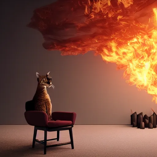 Prompt: wide-angle photo of fluffy cute caracal sitting on a chair near a table in a room, speech balloon in the air, flames of fire at background, octane render, 3d, 8k , hd, studio light