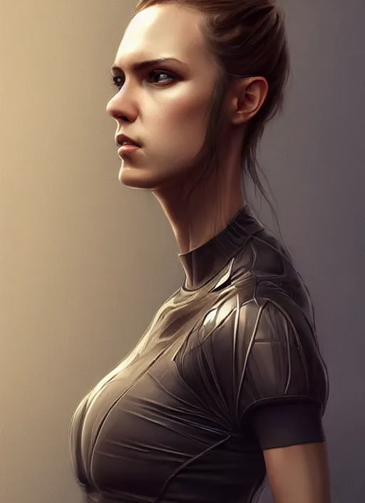 Prompt: epic professional digital portrait art of woman wearing airforce jumpsuit facing camera, digital painting by artgerm and iris van herpen, artstation, cgsociety, wlop, epic, much wow, much detail, gorgeous, detailed, cinematic, masterpiece