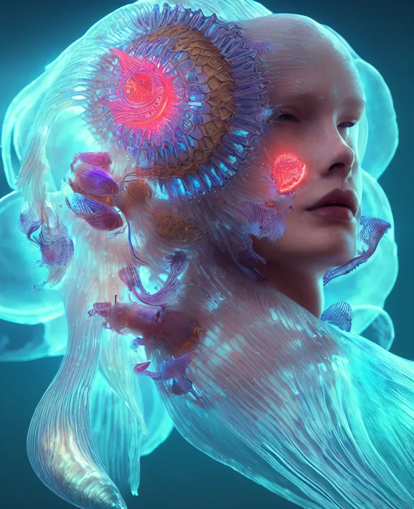 Prompt: goddess close-up portrait. jellyfish phoenix head, nautilus, butterfly, skull, betta fish, bioluminiscent creatures, intricate artwork by Tooth Wu and wlop and beeple. octane render, trending on artstation, greg rutkowski very coherent symmetrical artwork. cinematic, hyper realism, high detail, octane render, 8k