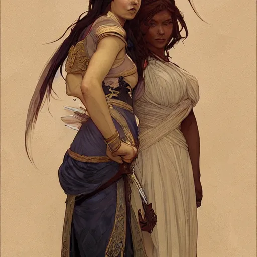 Image similar to a full body portrait of a beautiful girl warrior and her daughter, intricate, elegant, highly detailed, digital painting, artstation, concept art, smooth, sharp focus, illustration, art by krenz cushart and artem demura and alphonse mucha