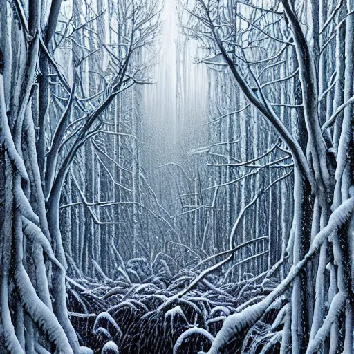 Image similar to Sharp icy frozen forest. Highly Detailed. Masterpiece. By Jeffrey Smith