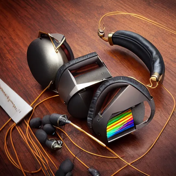 Prompt: masterpiece photo of beautiful crafted artistic bismuth metal headphones, bismuth rainbow metal, bismuth cups, leather padding, displayed on mahogany desk, modernist headphones, bismuth headphones beautiful well designed, hyperrealistic, audiophile, intricate hyper detail, extreme high quality, photographic, audeze, sennheiser, hifiman, artstation, abyssal audio