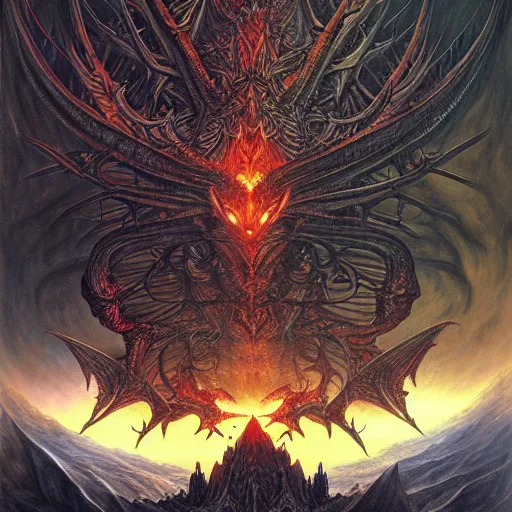 Image similar to an epic demonic alien dragon demigod descending from the heavens and cosmos to consume the earth, gothic castle with tall spires, by dan seagrave art