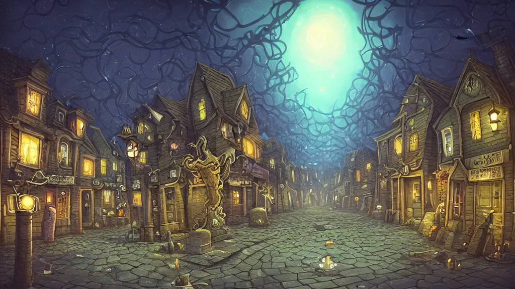 Prompt: street view of lovecraftian town square surrounded by houses in lovecraftian city at night by cyril rolando and naomi okubo and dan mumford and ricardo bofill. lovecraft. cobbled streets. oil lamp posts. lovecraftian statues.