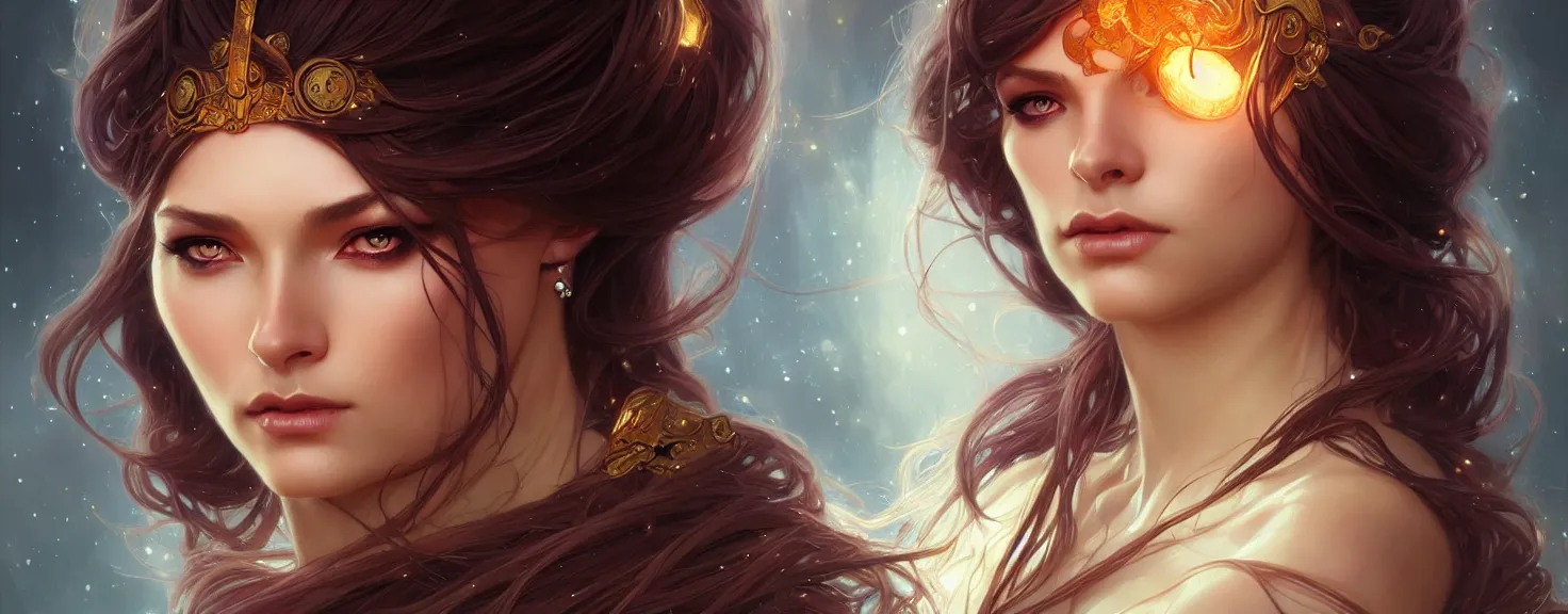 Image similar to fantasy magic woman portrait, sci-fi, amber eyes, face, long hair, fantasy, intricate, elegant, highly detailed, digital painting, artstation, concept art, smooth, sharp focus, illustration, art by artgerm and greg rutkowski and alphonse mucha