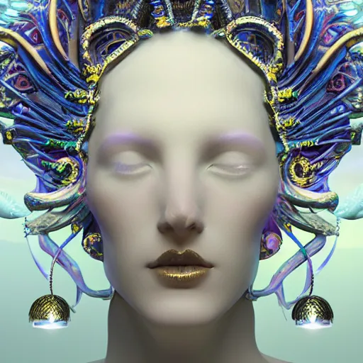 Prompt: 3 d goddess close up russian profile portrait with ram skull. beautiful intricately detailed raven mask, betta fish, phoenix jellyfish, bioluminescent, plasma, ice, water, wind, creature, artwork by wu and wlop and beeple and greg rutkowski