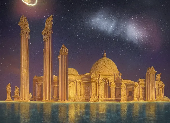 Prompt: Renaissance Italy temples on the Sea Of Stars of Vaadhoo Island Maldives, Bioluminescent sea plankton that shines royal gold during deep space interstellar night, makes the sea area shine, glowing water, intricate, elegant, luxurious, digital painting, concept art, smooth, sharp focus, from Star Trek 2021, illustration, by WLOP and Ruan Jia and Mandy Jurgens and Peter Mohrbacher