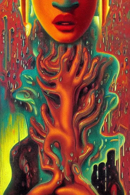 Prompt: 8 0 s art deco close up portait of face with big mouth, rain like a dream oil painting curvalinear clothing cinematic dramatic cyberpunk textural fluid lines otherworldly vaporwave interesting details fantasy lut epic composition by basquiat zdzisław beksinski james jean artgerm rutkowski moebius francis bacon gustav klimt