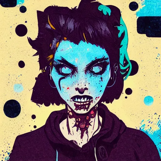 Image similar to Highly detailed portrait of a punk zombie latino young lady with freckles by Atey Ghailan, by Loish, by Bryan Lee O'Malley, by Cliff Chiang, inspired by iZombie, inspired by graphic novel cover art !!!electric blue, brown, black, yellow and white color scheme ((grafitti tag brick wall background))