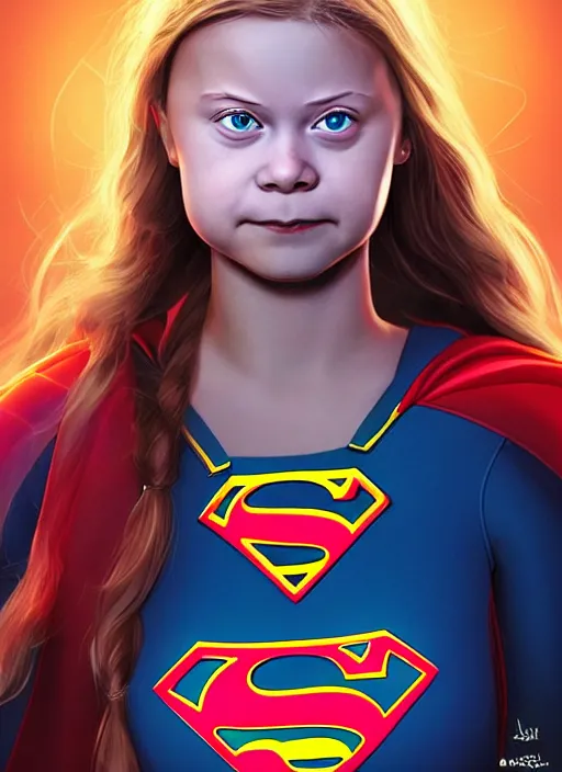 Image similar to greta thunberg as supergirl, detailed digital art, trending on Artstation