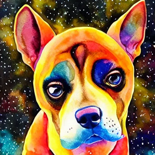 Prompt: one good dog in space. watercolor. vibrant. amazing painting. beautiful. high resolution. highly realistic. cool tones. close - up.