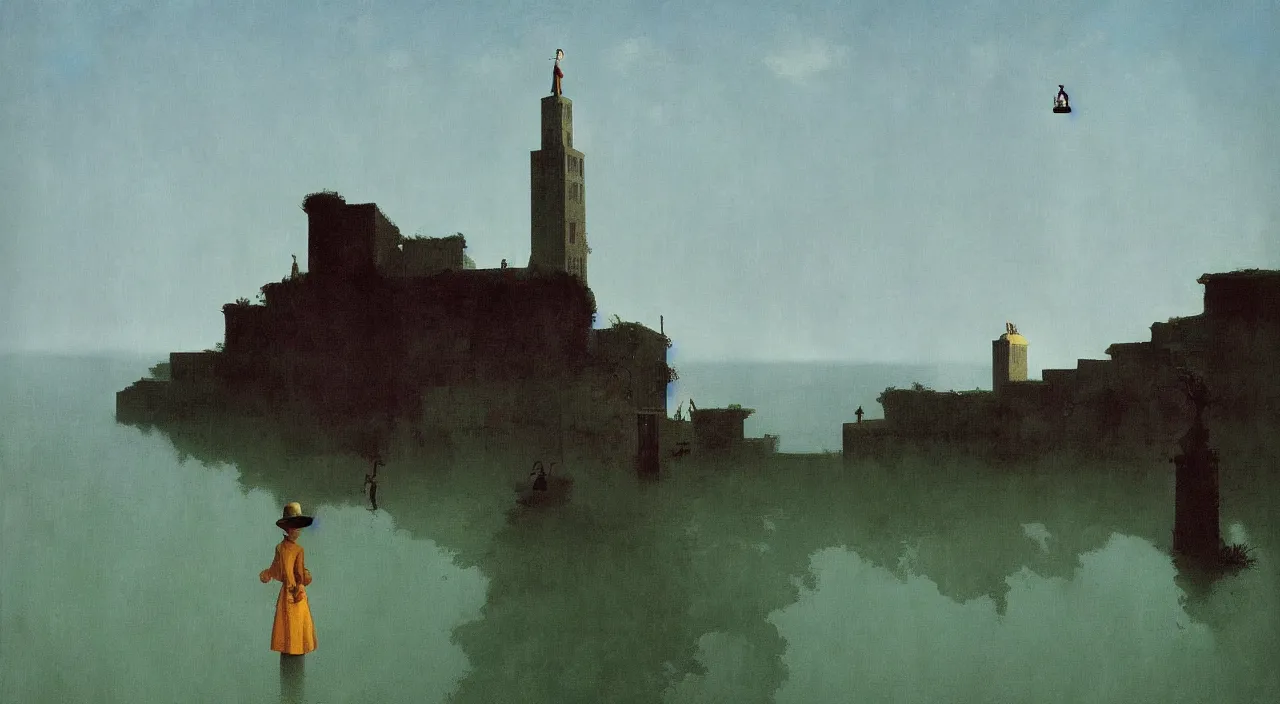 Image similar to single flooded simple falling! leaning tower, very coherent and colorful high contrast!! masterpiece by rene magritte simon stalenhag carl spitzweg syd mead norman rockwell edward hopper james gilleard, minimalist, dark shadows, sunny day, hard lighting