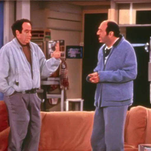 Image similar to mr krabs guest starring on seinfeld, film still