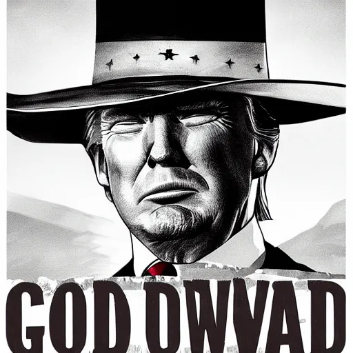 Image similar to donald trump as clint eastwood squinting at high noon in the style of a clint eastwood movie, the good, the bad and the ugly, clint eastwood, steven seagal, bud spencer, donald trump, glory days, american flag, patriotism, apple pie, black and white, artgerm, trending on artstation