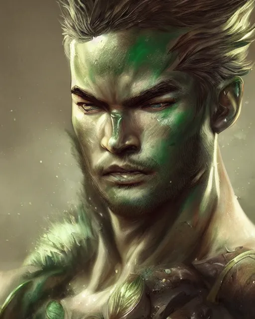 Prompt: portrait of a male warrior, fierce, masculine, ross tran, muted colors, green \ - eyes!!!!!!!!!!, highly detailed sculpture, intricate detailed, ommatidia, 8 k, cinematic atmosphere