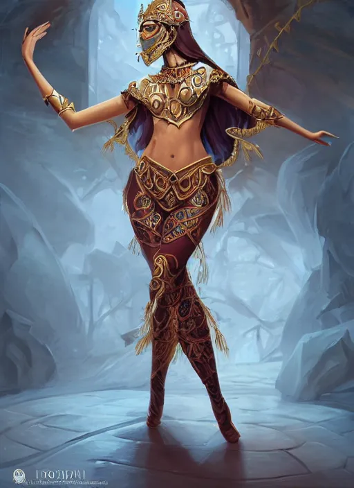 Prompt: a highly detailed illustration of a masked elegant elf arabian dancer, gracefully belly dancing pose, waving arms, intricate, elegant, highly detailed, centered, digital painting, artstation, concept art, smooth, sharp focus, league of legends concept art, WLOP