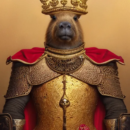 Image similar to detailed photorealistic painting of a capybara wearing a highly detailed ornamented gold crown with diamonds, in a medieval knight armor with red cape , holding a chess piece, sharp focus in the style of ruan jia, Mandy jurgens, cinematic light, concept art, trending on artstation, ultra realistic