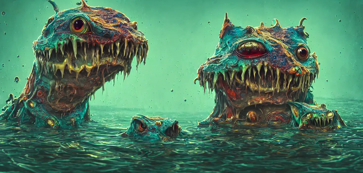 Prompt: intricate colourful murky with strange cute friendly angry crazy creatures with huge beauty eyes # long tongue triangle teeth and scary face appearing from the water, in the style of craola, shallow depth of field, highly detailed, digital painting, trending artstation, concept art, illustration, cinematic lighting, vibrant colors, photorealism, epic, octane render